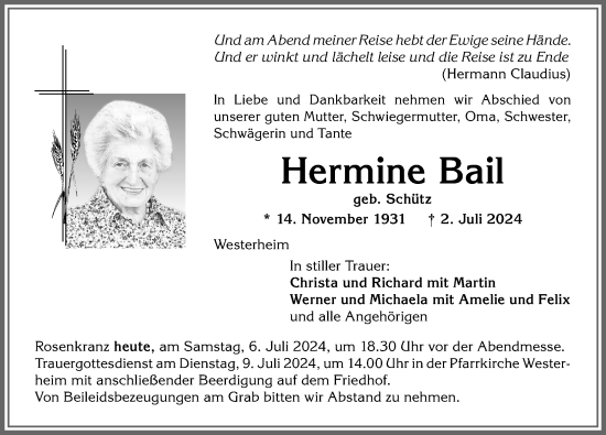 Traueranzeige von Hermine Bail von Memminger Zeitung