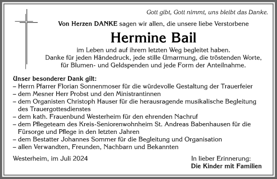 Traueranzeige von Hermine Bail von Memminger Zeitung