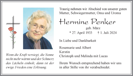 Traueranzeige von Hermine Penker von Allgäuer Zeitung, Füssen