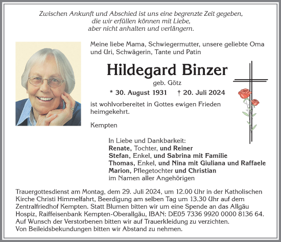Traueranzeige von Hildegard Binzer von Allgäuer Zeitung,Kempten