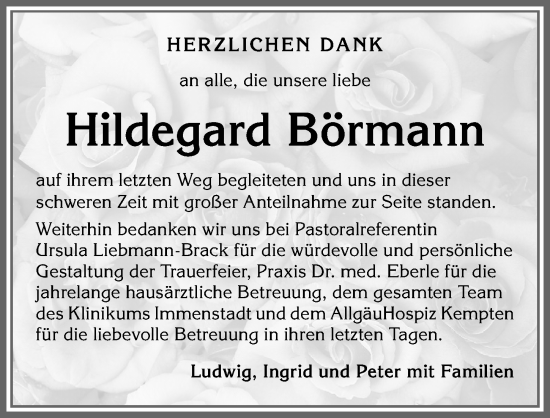 Traueranzeige von Hildegard Börmann von Allgäuer Zeitung,Kempten