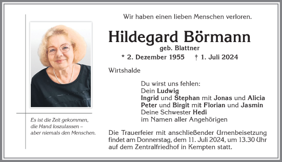Traueranzeige von Hildegard Börmann von Allgäuer Zeitung,Kempten