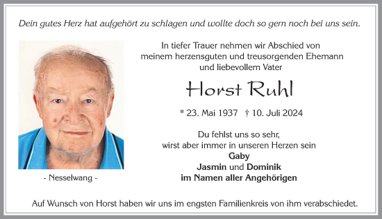 Traueranzeige von Horst Ruhl von Allgäuer Zeitung, Füssen