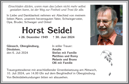 Traueranzeige von Horst Seidel von Allgäuer Zeitung, Marktoberdorf