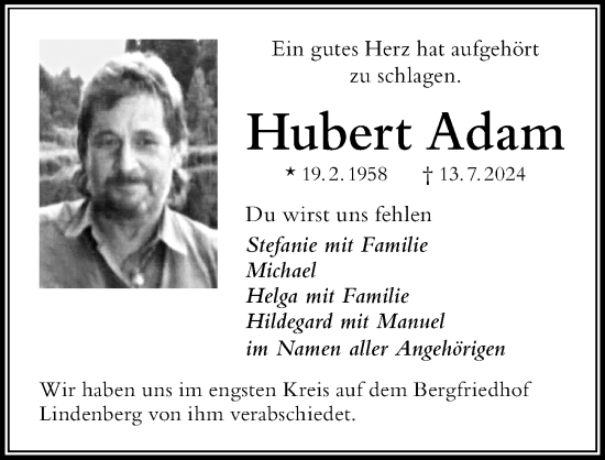 Traueranzeige von Hubert Adam von Der Westallgäuer