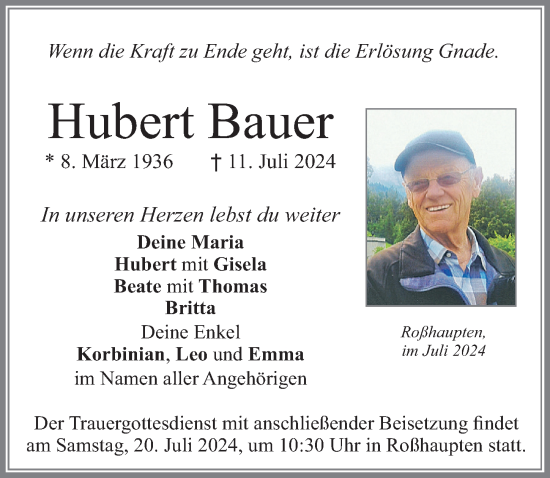Traueranzeige von Hubert Bauer von Allgäuer Zeitung, Füssen
