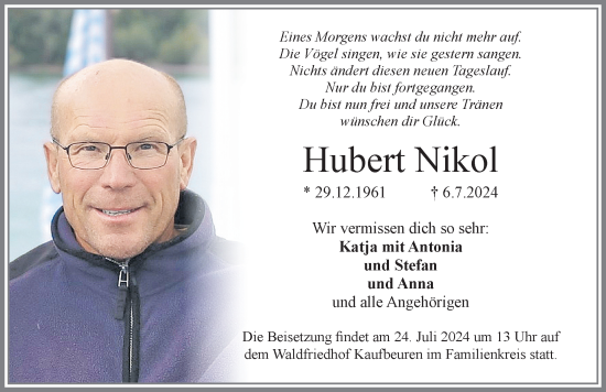Traueranzeige von Hubert Nikol von Allgäuer Zeitung, Kaufbeuren/Buchloe