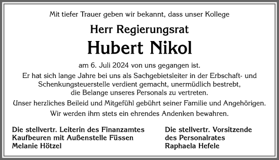 Traueranzeige von Hubert Nikol von Allgäuer Zeitung, Kaufbeuren/Buchloe