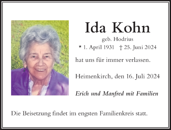 Traueranzeige von Ida Kohn von Der Westallgäuer