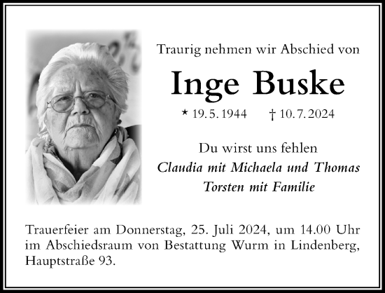 Traueranzeige von Inge Buske von Der Westallgäuer