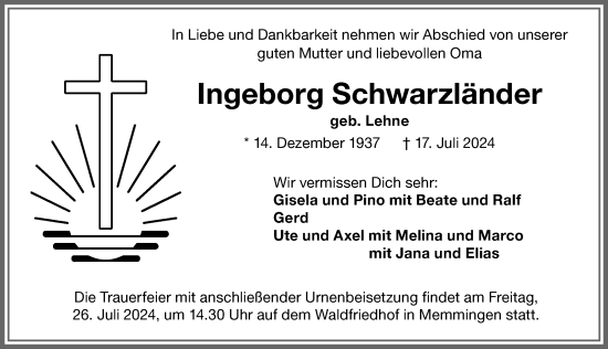 Traueranzeige von Ingeborg Schwarzländer von Memminger Zeitung
