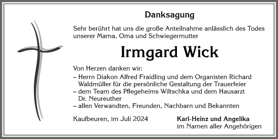 Traueranzeige von Irmgard Wick von Allgäuer Zeitung, Kaufbeuren/Buchloe