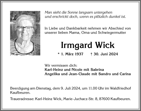 Traueranzeige von Irmgard Wick von Allgäuer Zeitung, Kaufbeuren/Buchloe