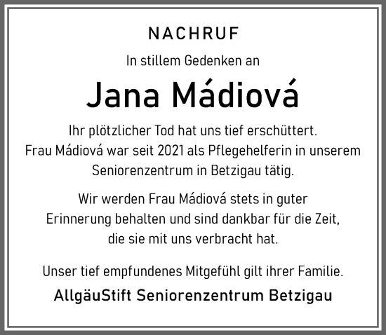 Traueranzeige von Jana Mádiová von Allgäuer Zeitung,Kempten