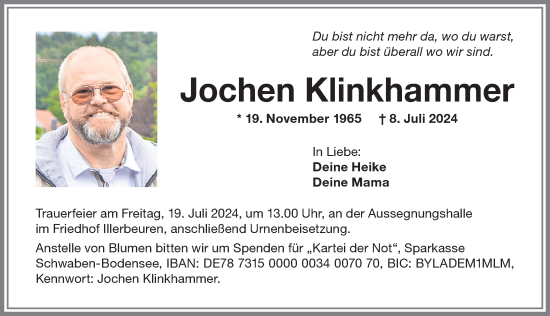 Traueranzeige von Jochen Klinkhammer von Memminger Zeitung