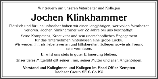 Traueranzeige von Jochen Klinkhammer von Memminger Zeitung