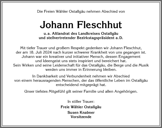 Traueranzeige von Johann Fleschhut von Allgäuer Zeitung, Füssen