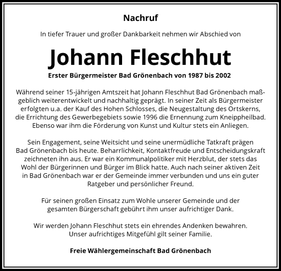 Traueranzeige von Johann Fleschhut von Memminger Zeitung