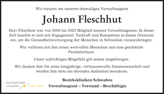 Traueranzeige von Johann Fleschhut von Allgäuer Zeitung, Füssen