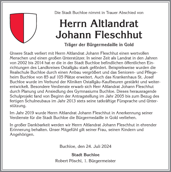 Traueranzeige von Johann Fleschhut von Allgäuer Zeitung, Füssen