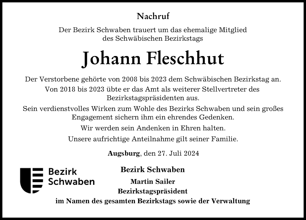  Traueranzeige für Johann Fleschhut vom 27.07.2024 aus Memminger Zeitung