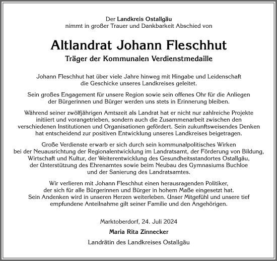 Traueranzeige von Johann Fleschhut von Allgäuer Zeitung, Füssen