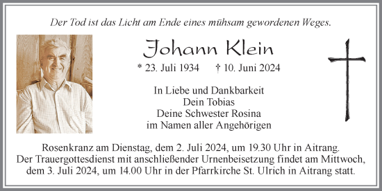 Traueranzeige von Johann Klein von Allgäuer Zeitung, Marktoberdorf