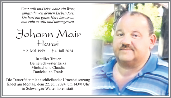 Traueranzeige von Johann Mair von Allgäuer Zeitung, Füssen