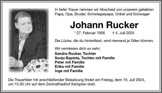 Traueranzeige von Johann Rucker von Allgäuer Zeitung,Kempten
