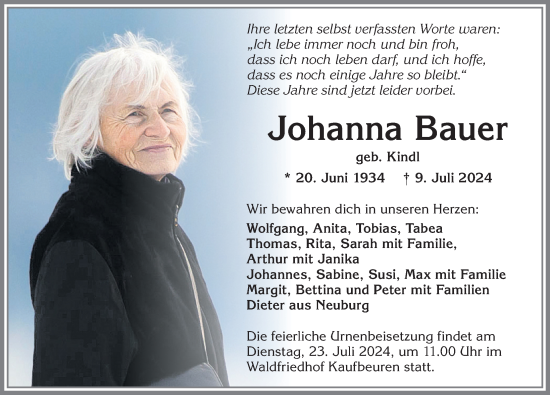 Traueranzeige von Johanna Bauer von Allgäuer Zeitung, Kaufbeuren/Buchloe