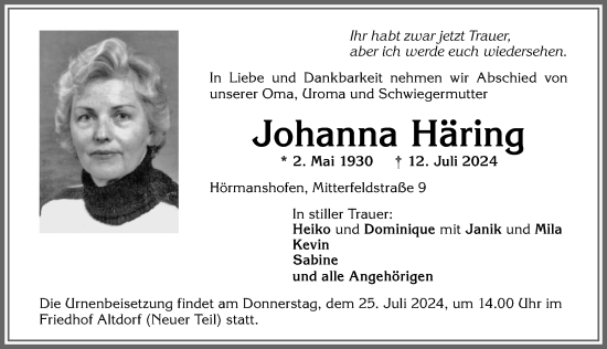 Traueranzeige von Johanna Häring von Allgäuer Zeitung, Marktoberdorf