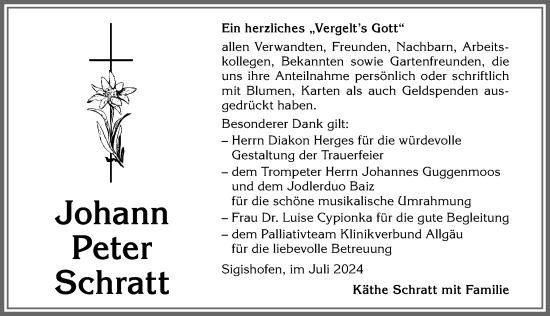 Traueranzeige von Johann Peter Schratt von Allgäuer Anzeigeblatt