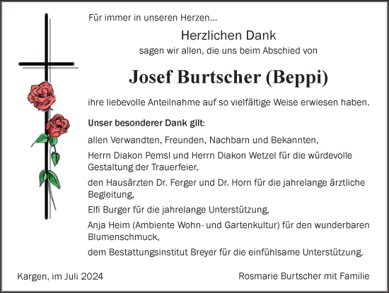 Traueranzeige von Josef Burtscher von Der Westallgäuer