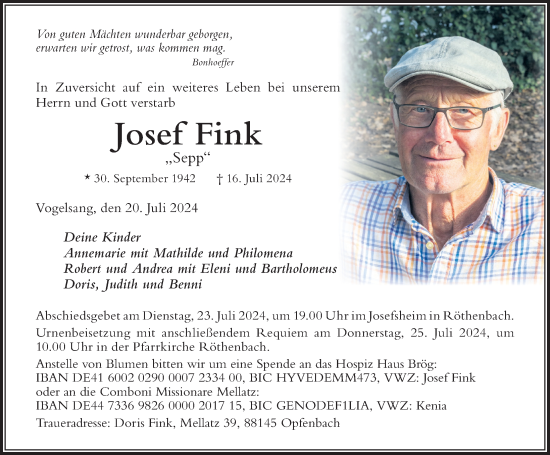 Traueranzeige von Josef Fink von Der Westallgäuer