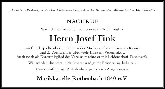 Traueranzeige von Josef Fink von Der Westallgäuer