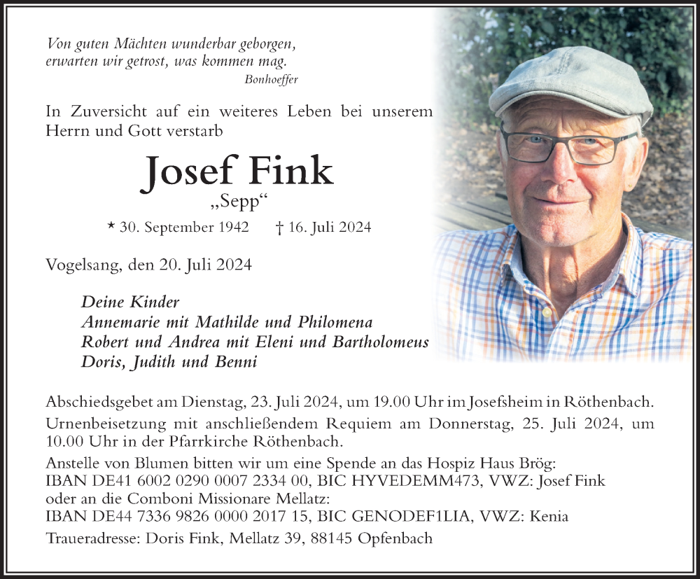  Traueranzeige für Josef Fink vom 20.07.2024 aus Der Westallgäuer