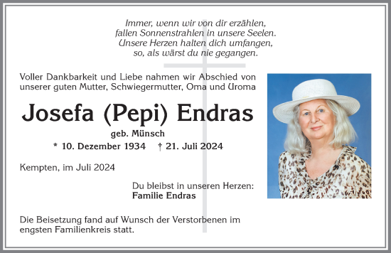 Traueranzeige von Josefa Endras von Allgäuer Zeitung,Kempten