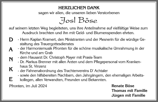 Traueranzeige von Josl Böse von Allgäuer Zeitung, Füssen
