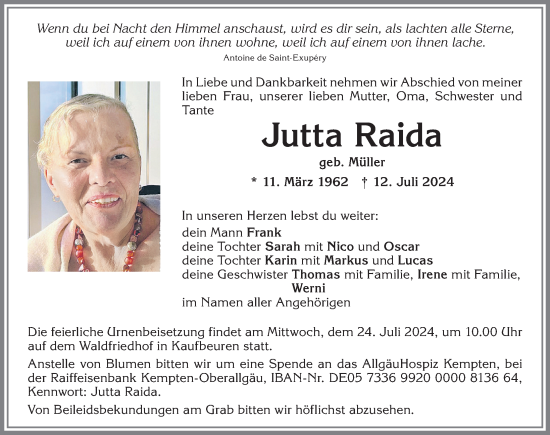 Traueranzeige von Jutta Raida von Allgäuer Zeitung, Marktoberdorf