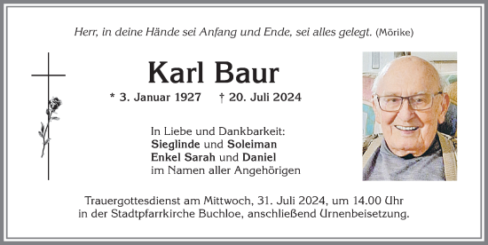 Traueranzeige von Karl Baur von Allgäuer Zeitung, Kaufbeuren/Buchloe