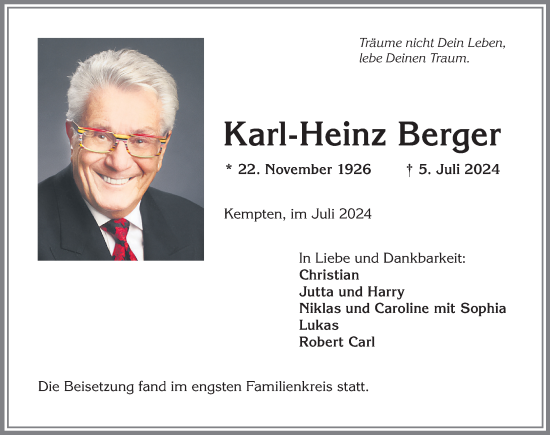 Traueranzeige von Karl-Heinz Berger von Allgäuer Zeitung,Kempten