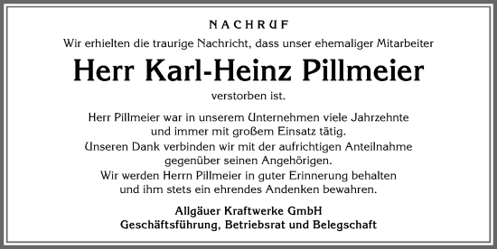 Traueranzeige von Karl-Heinz Pillmeier von Allgäuer Anzeigeblatt