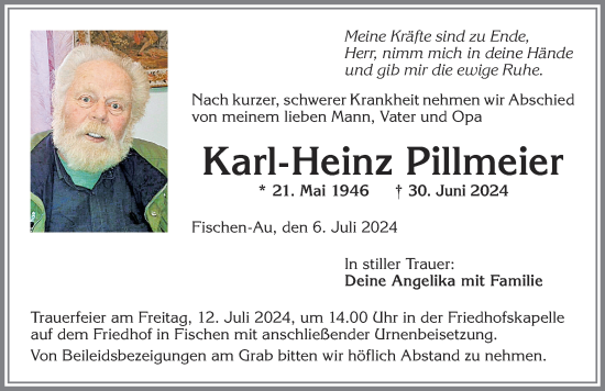 Traueranzeige von Karl-Heinz Pillmeier von Allgäuer Anzeigeblatt