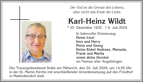 Traueranzeige von Karl-Heinz Wildt von Allgäuer Zeitung, Marktoberdorf