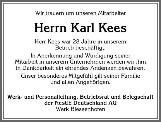 Traueranzeige von Karl Kees von Allgäuer Zeitung, Kaufbeuren/Buchloe