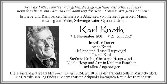Traueranzeige von Karl Knoth von Allgäuer Zeitung, Marktoberdorf