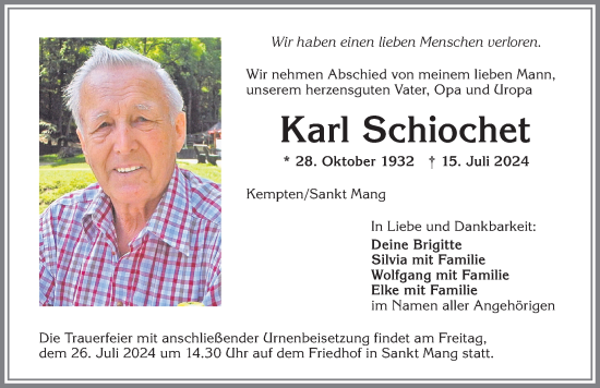 Traueranzeige von Karl Schiochet von Allgäuer Zeitung,Kempten