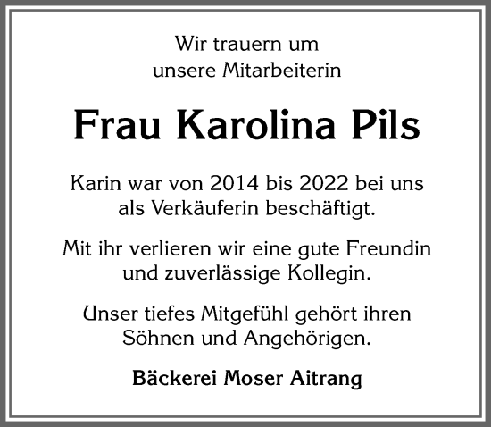 Traueranzeige von Karolina Pils von Allgäuer Zeitung, Marktoberdorf