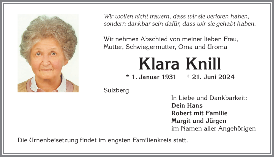 Traueranzeige von Klara Knill von Allgäuer Zeitung,Kempten
