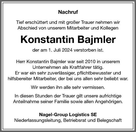 Traueranzeige von Konstantin Bajmler von Memminger Zeitung